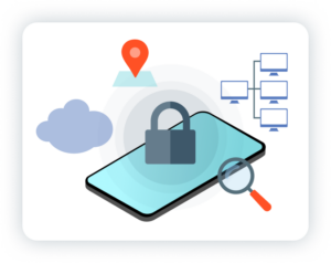 iphone icon with lock on it surrounded by tech icons