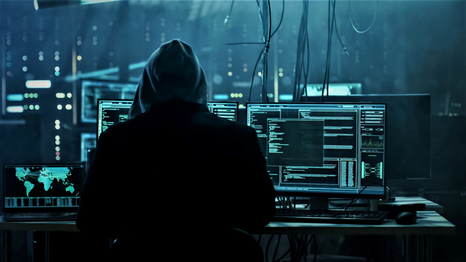 A hooded cybercriminal at his desk.